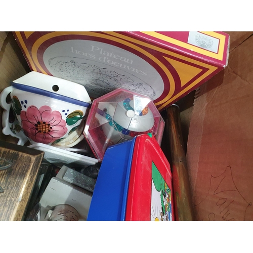 341 - Six boxes of assorted items including Oil Lamp, Radio, Ceramics, Glassware, Cutlery, etc. (R5)