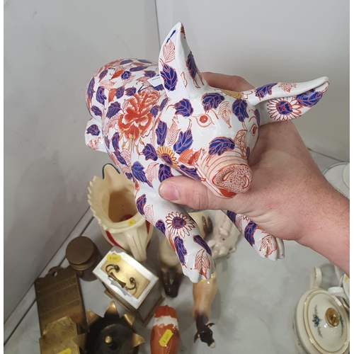 345 - A Chinese Imari style Pig with character mark to base, Beswick Cows, brass Mantle Clock, Wall Pocket... 