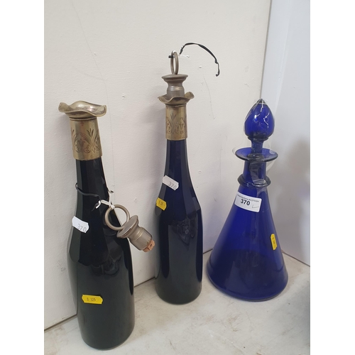 370 - A Bristol blue glass Decanter and stopper and a pair of blue Wine Ewers with plated collars (R5)