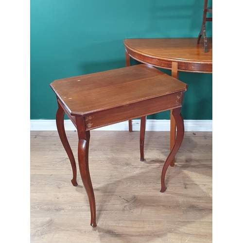 454 - A mahogany Demi Lune Side Table on square tapered supports A/F, three Mid Century Style Chairs with ... 