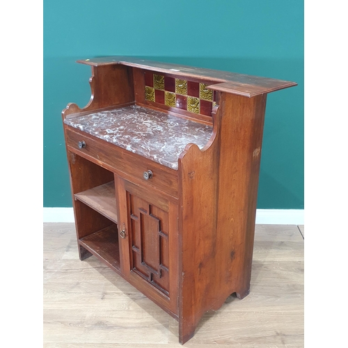 466 - A Mahogany Marble topped Washstand with raised back fitted floral tiles fitted single drawer and sin... 