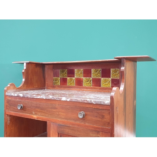 466 - A Mahogany Marble topped Washstand with raised back fitted floral tiles fitted single drawer and sin... 