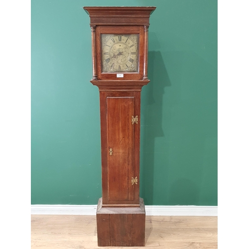 47 - An antique 30 - Hour Long Cased Clock, with square brass face with scrolled decoration, in oak case,... 