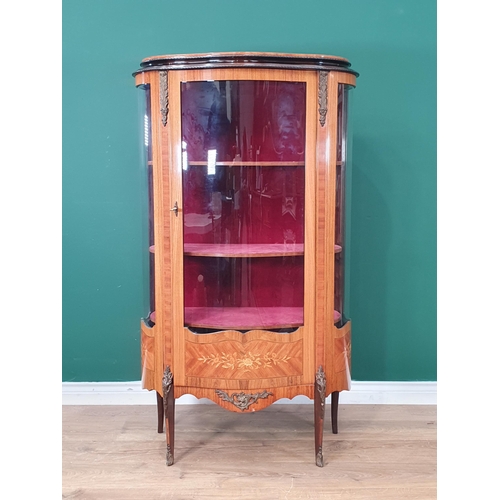 481 - A 19th century bow fronted inlaid display cabinet fitted three pink upholstered shelves 4ft 8