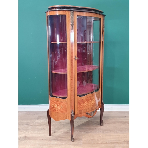 481 - A 19th century bow fronted inlaid display cabinet fitted three pink upholstered shelves 4ft 8