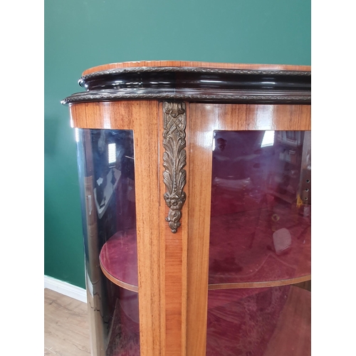 481 - A 19th century bow fronted inlaid display cabinet fitted three pink upholstered shelves 4ft 8