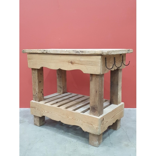 494 - A rustic pine two tier Kitchen Island/Prep Table with six metal hanging hooks, 2ft 10