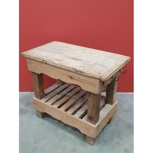 494 - A rustic pine two tier Kitchen Island/Prep Table with six metal hanging hooks, 2ft 10