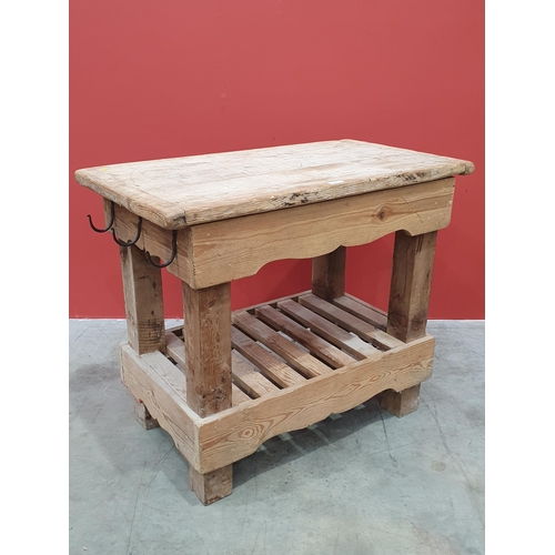 494 - A rustic pine two tier Kitchen Island/Prep Table with six metal hanging hooks, 2ft 10