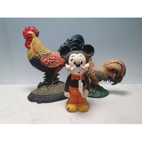 498 - Three cast metal Doorstops in the form of cockerels and Mickey Mouse (R3)