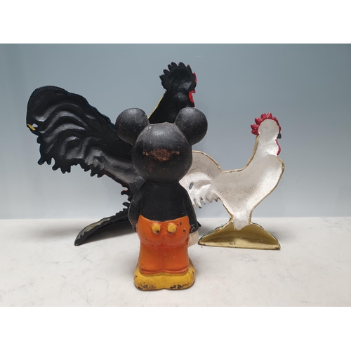 498 - Three cast metal Doorstops in the form of cockerels and Mickey Mouse (R3)