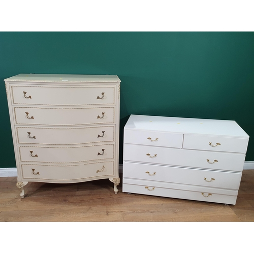 5 - A cream painted Chest of five drawers on cabriole supports 3ft 6in H x 3ft W and a white Chest of dr... 