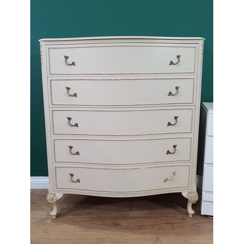 5 - A cream painted Chest of five drawers on cabriole supports 3ft 6in H x 3ft W and a white Chest of dr... 