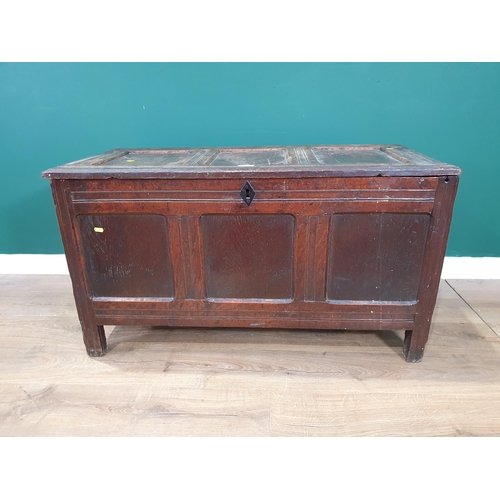 516 - An 18th Century joined oak Coffer with plain three panel front (lid loose) 3ft 7in W x 2ft H (R6)