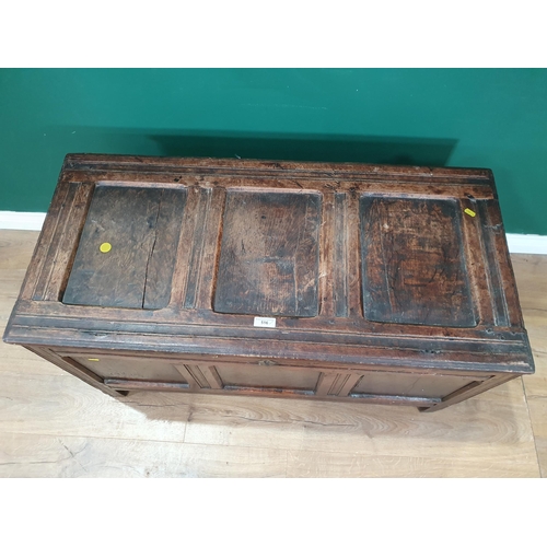 516 - An 18th Century joined oak Coffer with plain three panel front (lid loose) 3ft 7in W x 2ft H (R6)