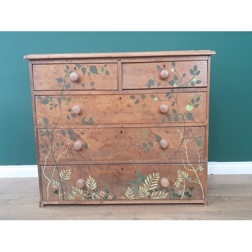 567 - An antique pine Chest of two short and three long drawers with leafage painted decoration 3ft 6in W ... 