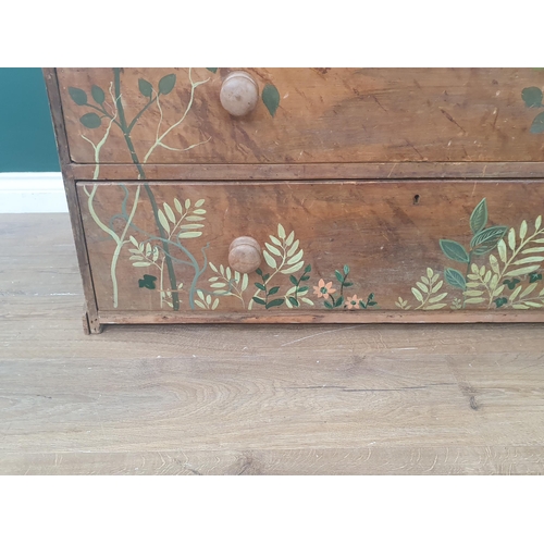 567 - An antique pine Chest of two short and three long drawers with leafage painted decoration 3ft 6in W ... 