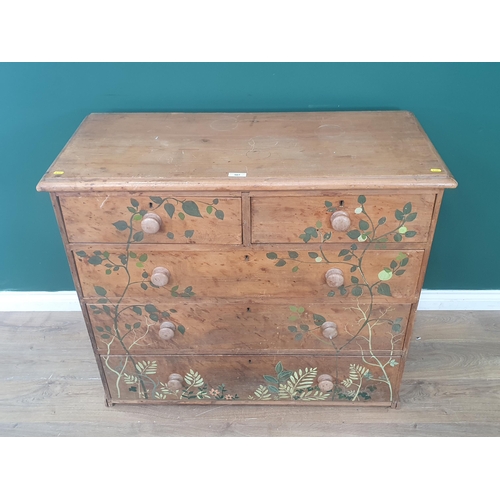 567 - An antique pine Chest of two short and three long drawers with leafage painted decoration 3ft 6in W ... 