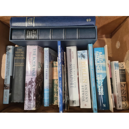 619 - A box of military Books including 2 Vols. Royal Navy Medal Role Call and an unframed Robert Taylor P... 