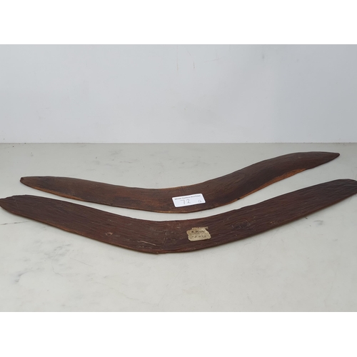 72 - Two old Aboriginal Boomerangs, one with textured decoration, 22in & 21in (R1)