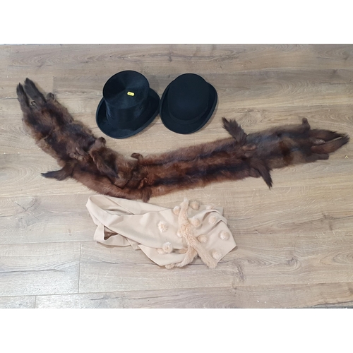 835 - A black silk Top Hat, a Bowler Hat and a mink Stole (R10)