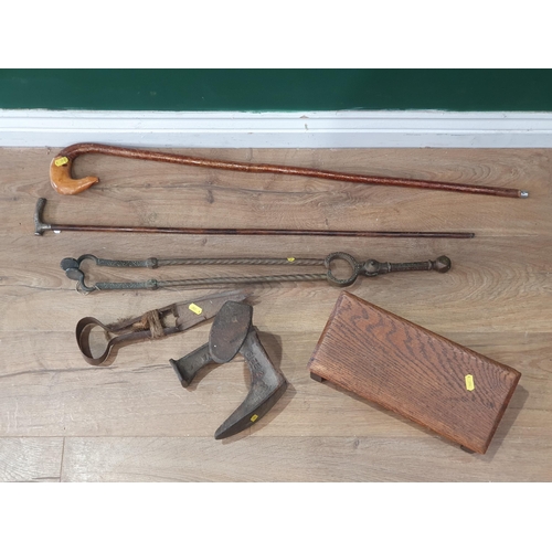 837 - A pair of Fire Tongs, Hand Sheers, two Walking Sticks, Last and oak Slope (R10)