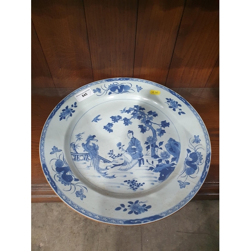 845 - A large blue and white Chinese Plate with figure and bird decorations with floral border, A/F, 14