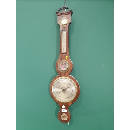 881 - A mahogany cased Banjo Barometer with silvered dials, by 