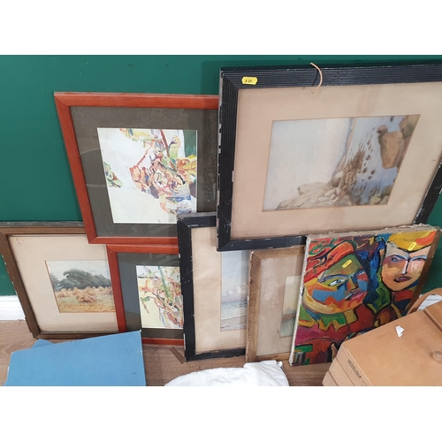 882 - Three framed Watercolours, an Oil on Canvas, a Cantilever Sewing Box, four glass Bottles, a Shark po... 