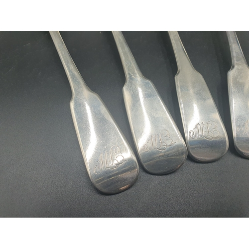 89 - Six George III silver Table Spoons fiddle pattern engraved initials, London 1809, maker: T.H, 440gms