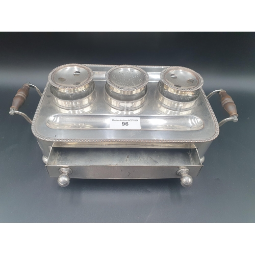 96 - A 19th Century Sheffield plated Inkstand fitted two inkwells ans sander, drawer beneath on bun feet,... 