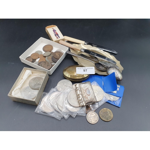 97 - A white metal combined Vesta and Sovereign Case in the form of a book, two Indian Coins, quantity of... 