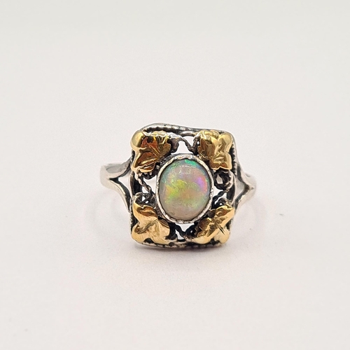 191 - A 1930's Opal Ring believed to be Sibyl Dunlop set oval opal cabochon in openwork white metal rectan... 