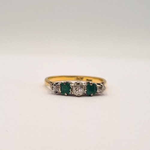 197 - A Diamond and Emerald five stone Ring claw-set three graduated old-cut diamonds with two step-cut em... 