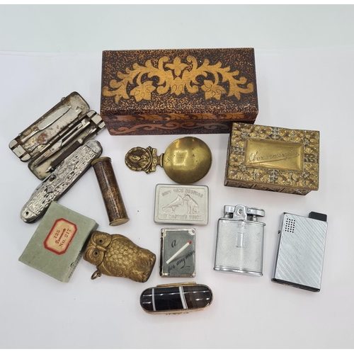 222 - A collection of Vesta Cases, Snuff Boxes, Cigarette Lighters, Penknife, Agate Box with yellow metal ... 