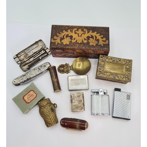 222 - A collection of Vesta Cases, Snuff Boxes, Cigarette Lighters, Penknife, Agate Box with yellow metal ... 