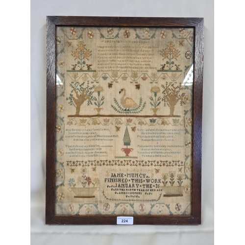 224 - A Georgian Sampler embroidered silk on tabby with verse among trees, flowers and birds, by Jane Munc... 