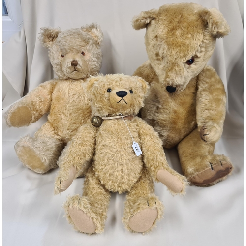 225 - Three 20th Century gold plush jointed Teddy Bears, two with growlers, smallest labelled Hermann Orig... 