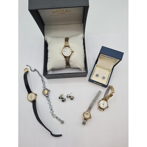 234 - Two lady's Wristwatches with 9ct gold cases, three other Wristwatches, a pair of Tanzanite Cluster E... 