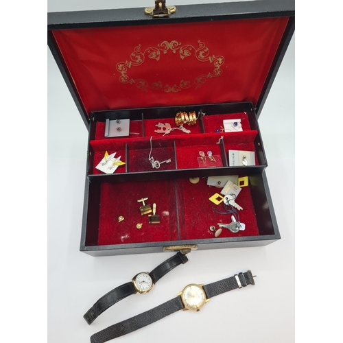 236 - A black Jewel Box containing costume Jewellery, 9ct gold cased Wristwatch and a gentleman's Rotary W... 