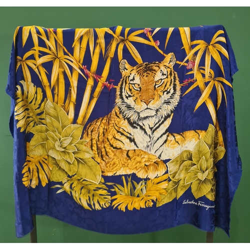 251 - Large vintage Ferragamo silk Scarf printed tiger among bamboo on blue ground, approx 140cm x 140cm a... 