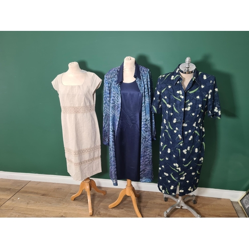 266 - A ecru linen shift Dress by Artigiano, labels on, a blue satin shift Dress with patterned chiffon Ov... 