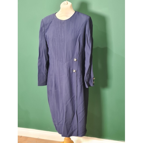 266 - A ecru linen shift Dress by Artigiano, labels on, a blue satin shift Dress with patterned chiffon Ov... 