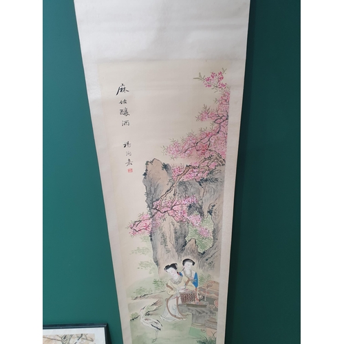 296 - A Japanese Scroll, depicting ladies in a landscape, 4ft 7in H x 13in, and Japanes Print of a bird on... 