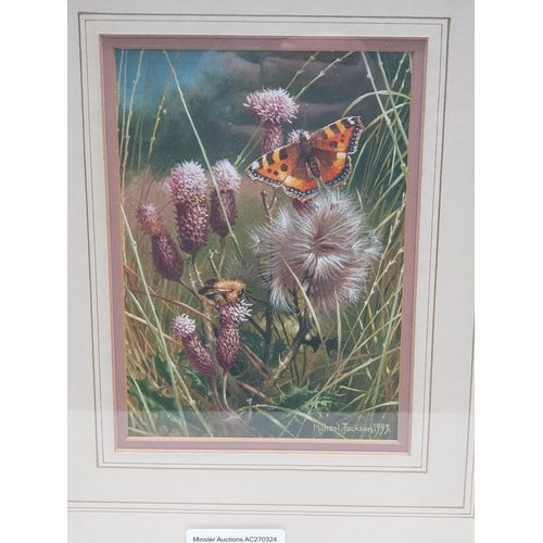 450 - MICHAEL JACKSON, 1993 Wildlife study of butterfly and thistles, watercolor, 7 x 5in signed (Mez)