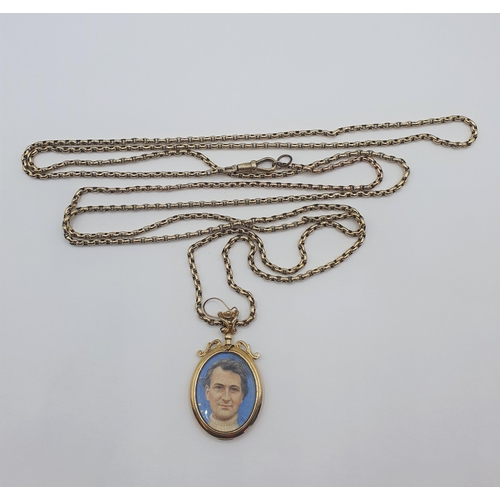 161 - A gold Guard Chain, unmarked, untested suspending oval Locket, marked 9c, containing painted Portrai... 