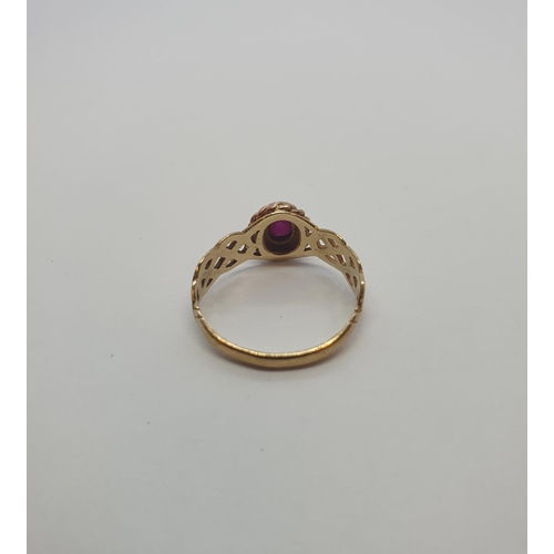 180 - A Ruby Ring rubover-set oval ruby cabochon to woven effect 9ct gold band, ring size L, approx 2.20gm... 