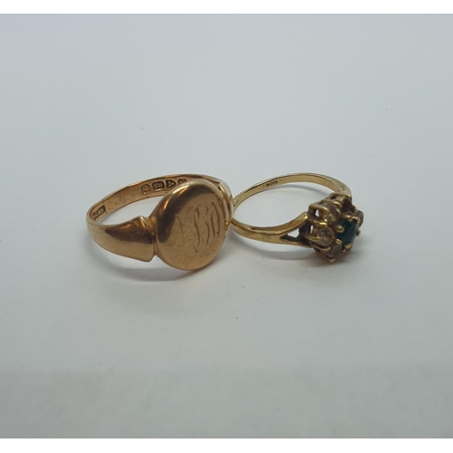 197 - An 18ct gold Signet Ring and an 18ct gold Cluster Ring, approx 8.90gms