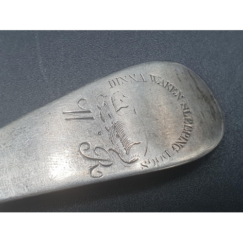 101 - A George III silver bottom marked Table Spoon Hanoverian pattern engraved initials, crest of dog and... 