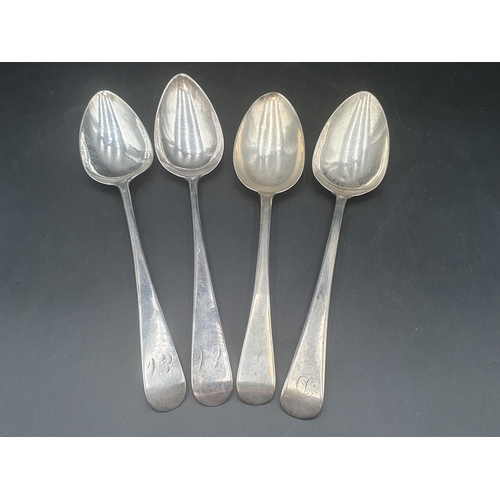 102 - Four George III silver Table Spoons old english pattern engraved initials, Edinburgh 1802 x 2, Exete... 